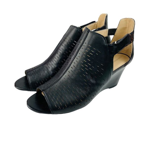 Adrienne Vittadin Black Leather Wedge Heel Open Toe Bootie Sandal Shoes US 9.5M - Picture 7 of 16